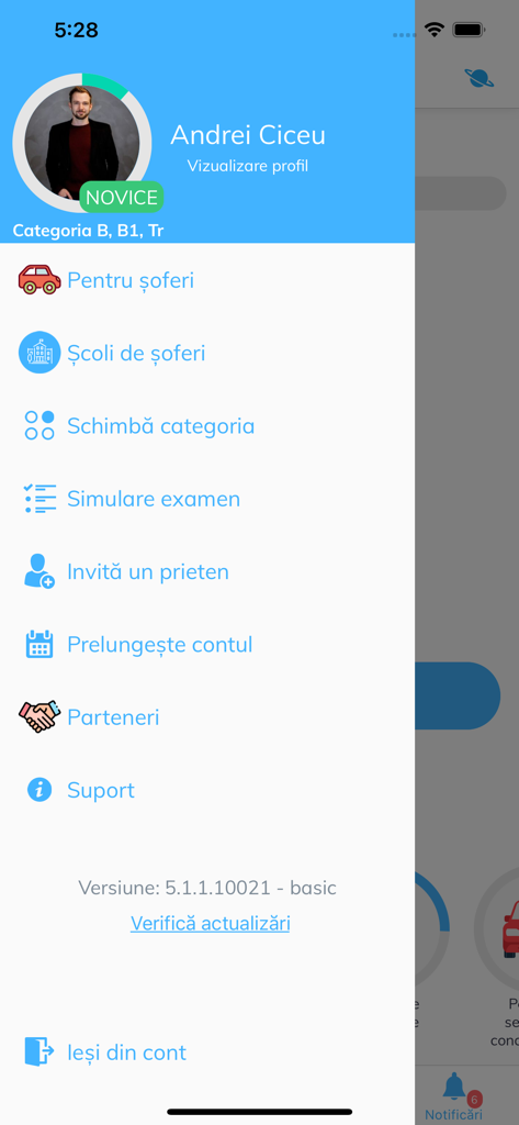 Side navigation menu of the SoferOnline mobile app showing user profile and exam preparation features.