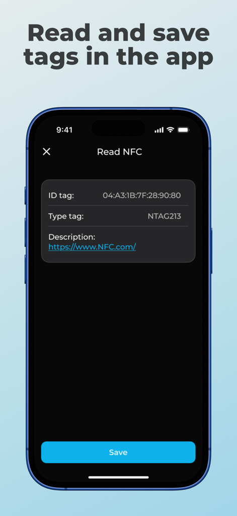 Screenshot der NFC Reader und Writer Tools App, die gescannte Tag-Details einschließlich ID und Typ anzeigt