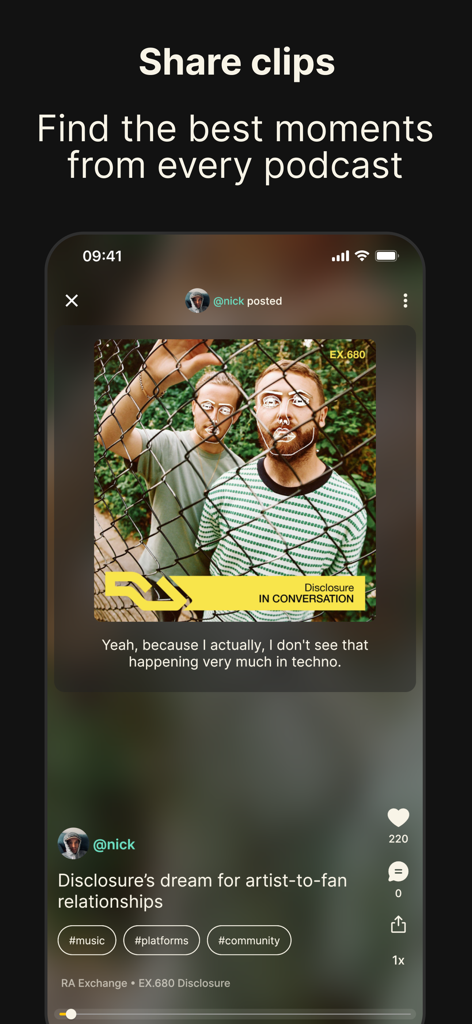 A mobile interface of the Fountain app showing the podcast clip sharing feature with social engagement buttons and subtitles