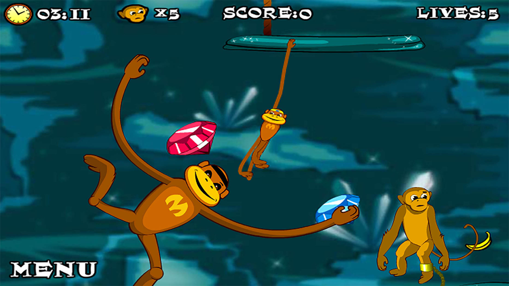 Jungle Spider Monkey:SuperHero Adventure - Gameplay de Macaco Aranha da Selva Super-Herói Aventura mostrando um macaco se balançando pela selva para coletar joias.