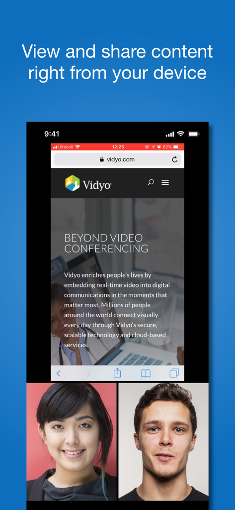 VidyoConnect - VidyoConnect mobile app interface on an iPhone showing a video meeting with shared web content and two participants