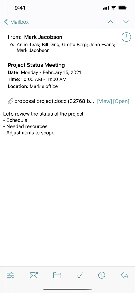 Eine Projekteinladung zur Statusbesprechung, die Datum, Uhrzeit und Ort in der GW Mailbox Mobile App anzeigt