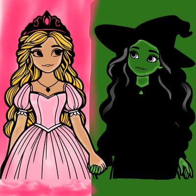 a princess and a witch holding hands realistic
