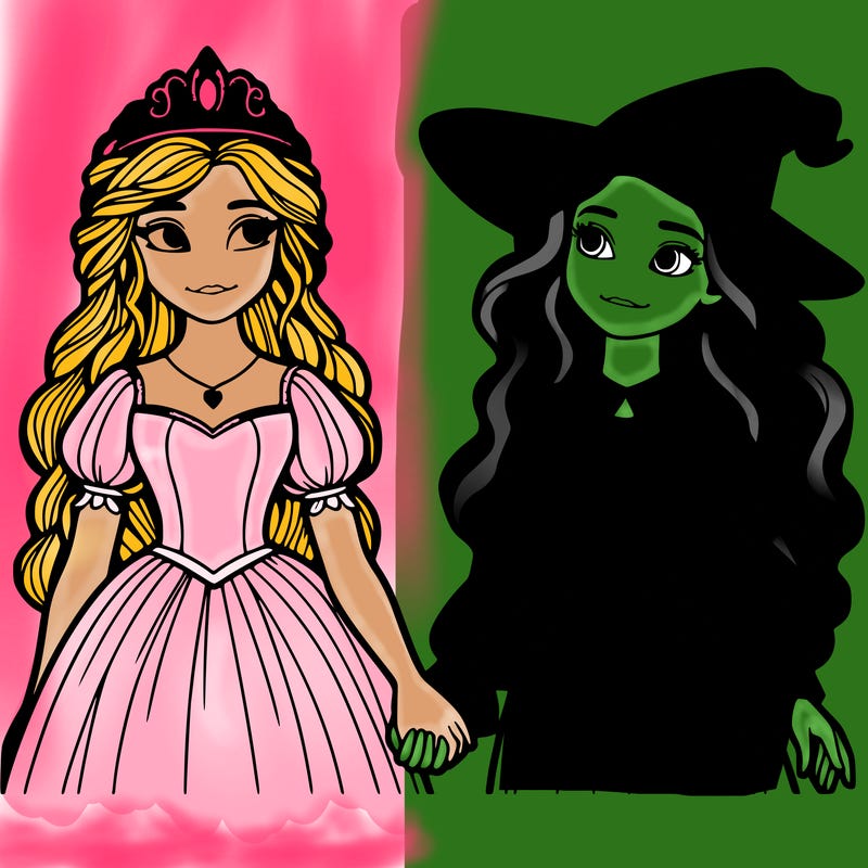 a princess and a witch holding hands realistic