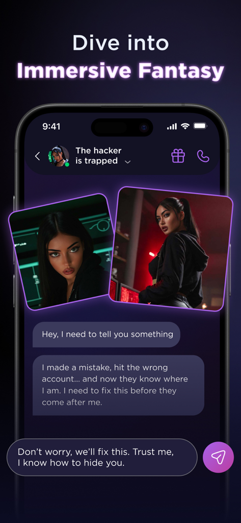 Lovevo: AI Roleplay Platform - Un smartphone mostrando la interfaz de la aplicación Lovevo con un chat de roleplay con IA y fotos de personajes.