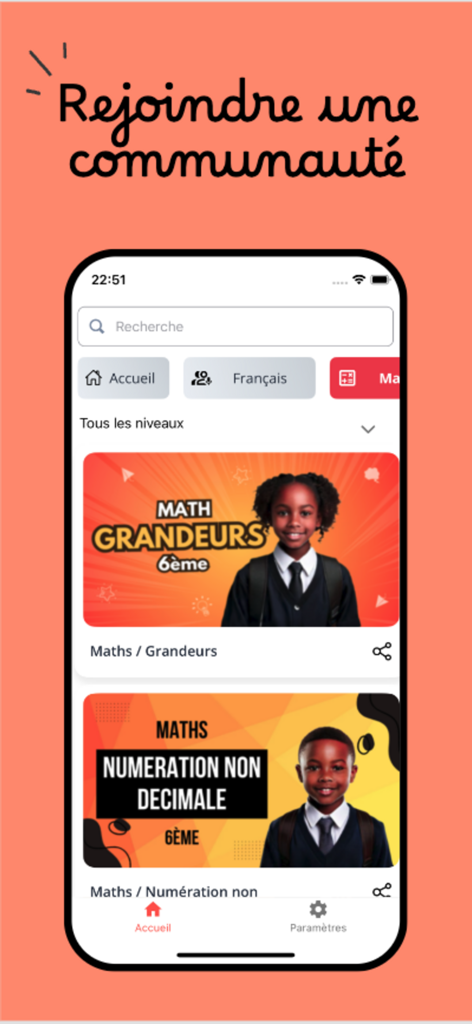 Elimu mobile app interface displaying French language math video lessons for students