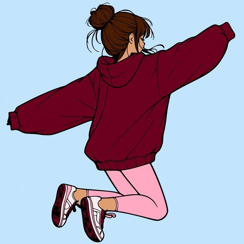 realistic girl jumping with a bun and oversized sweatshirt