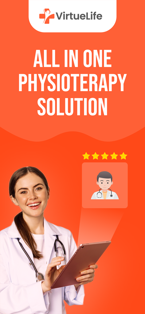 VirtueLife: Physiotherapy - Female healthcare professional holding a tablet for the VirtueLife physiotherapy app on an orange background