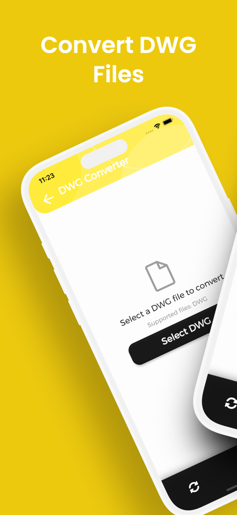 Interface of the DWG Converter app on an iPhone showing the file selection screen