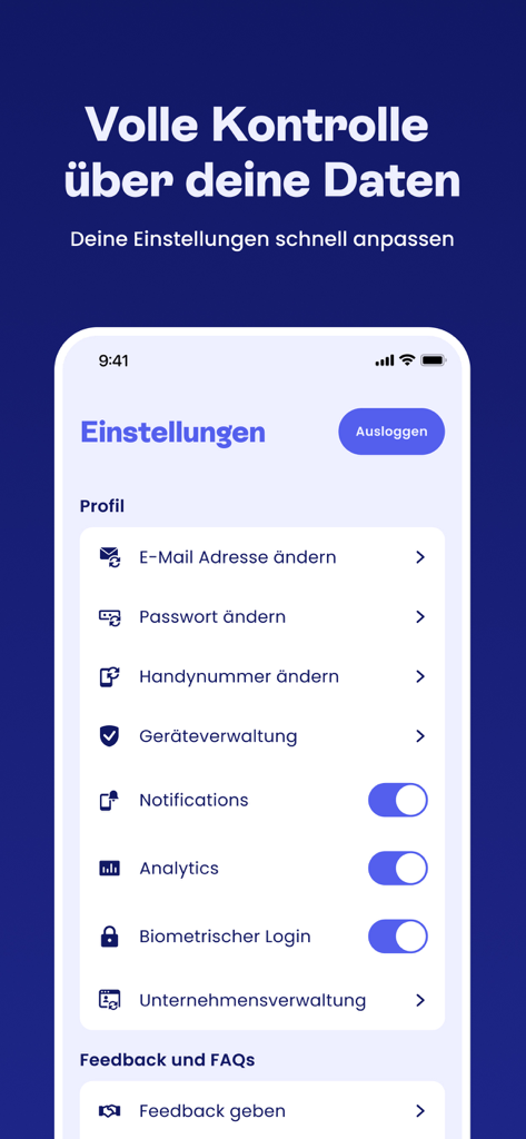Spendit App-Benutzereinstellungen-Menü mit Profilverwaltung und Datenschutzkontrollen