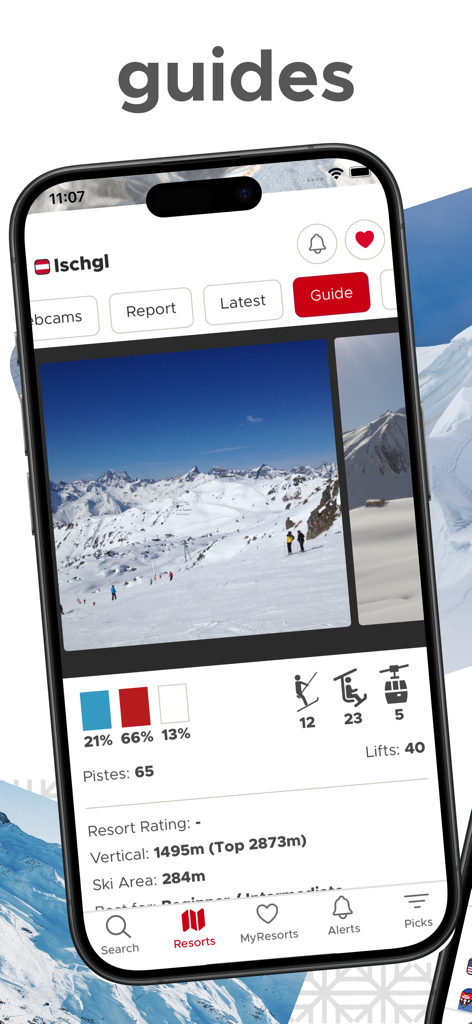 イシュグルのスキーリゾートガイド。Snow-Forecastアプリでゲレンデ統計と山の詳細が表示されています。