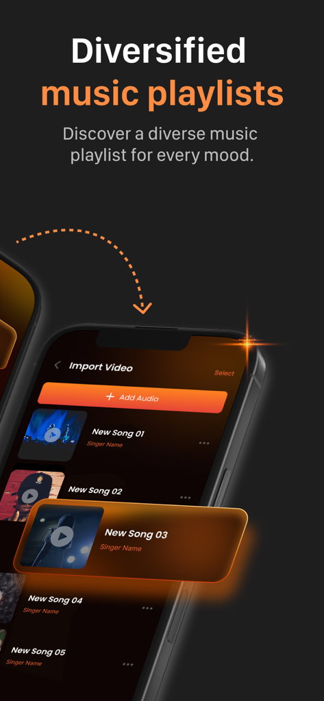 Interface of Amp app showing music playlists and audio import functionality