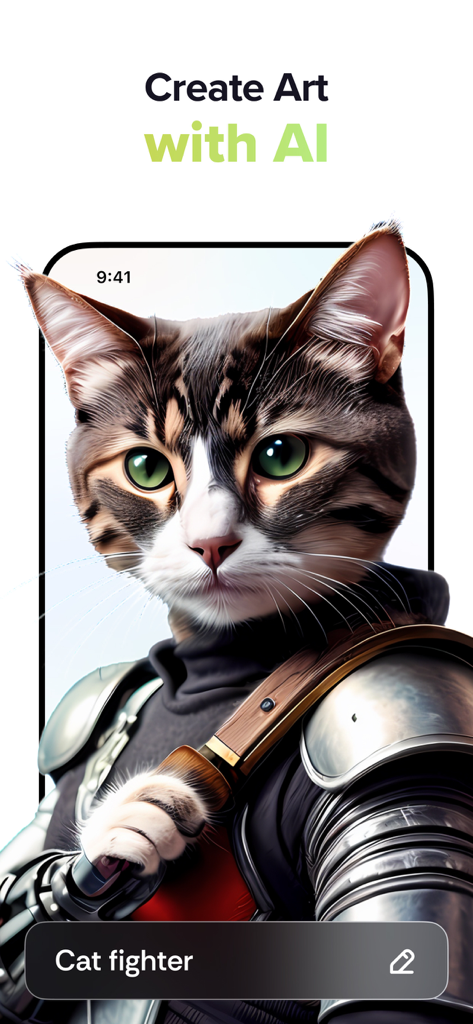 Fancy AI app interface displaying an AI generated image of a cat dressed in warrior armor based on a text prompt