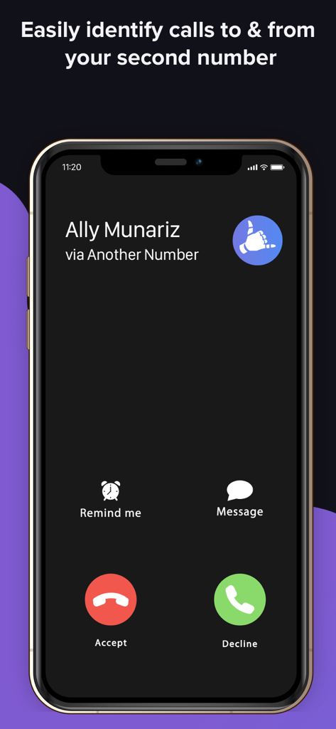 Interface of an incoming call on an iPhone screen showing identification as via Another Number app