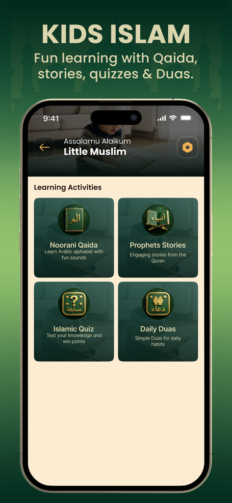 Ummah Pro: Adhan,Qibla & Quran - Kids Islam educational dashboard in the Ummah Pro app featuring Noorani Qaida and Prophets stories