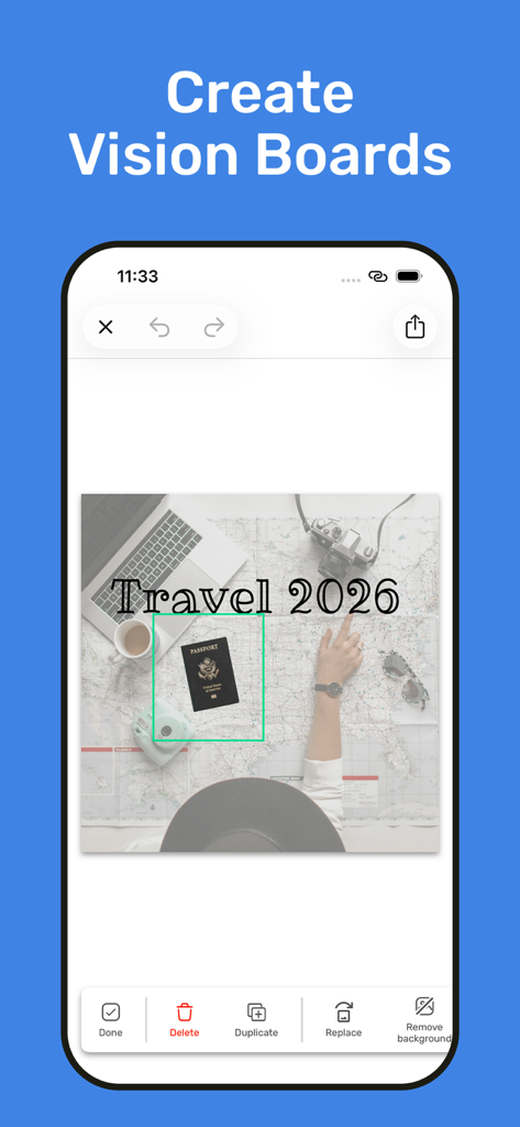ムードボードメーカーアプリ。パスポートと旅行アクセサリーが写った「Travel 2026」ビジョンボードが表示されています。