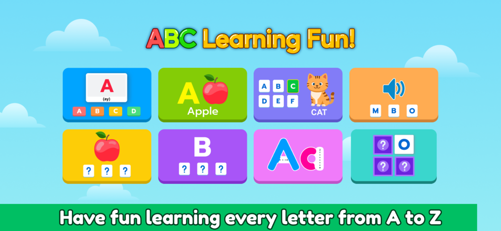 Educational dashboard showing multiple alphabet learning activities for kids