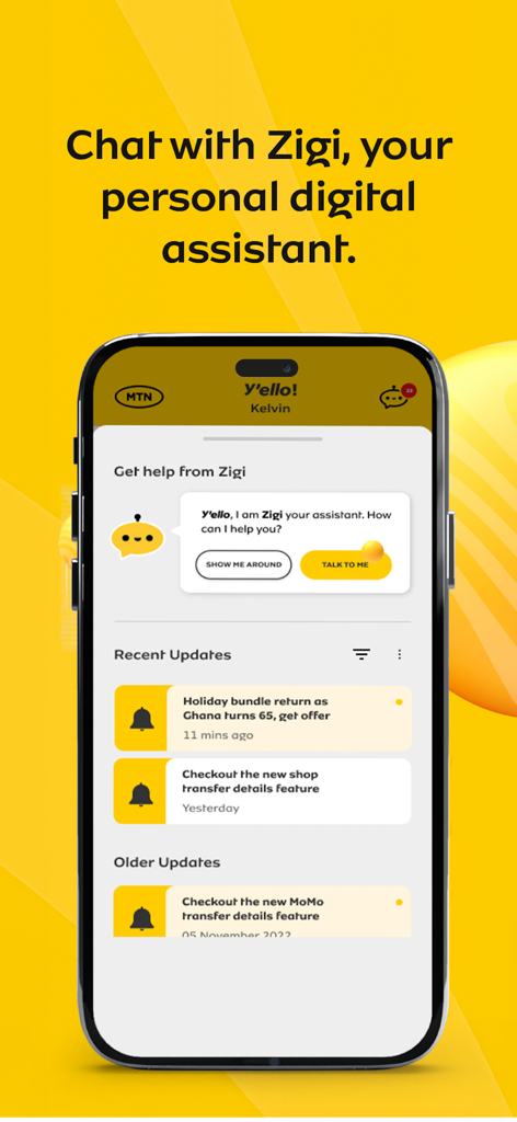 My MTN Ghana - Interface of the My MTN Ghana app featuring the Zigi digital assistant and recent account notifications