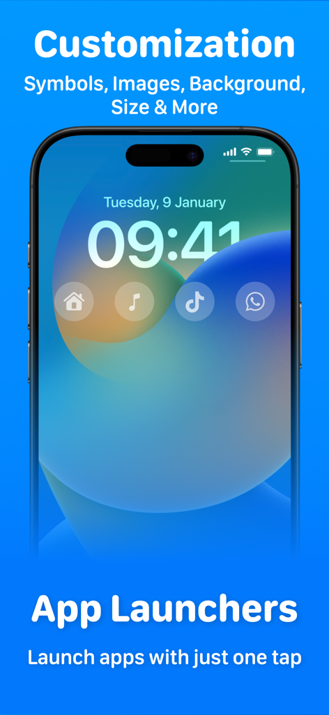 Lock Launcher Widgets LockFlow - Customizable app launcher widgets on an iPhone lock screen for one tap access to apps like TikTok and WhatsApp