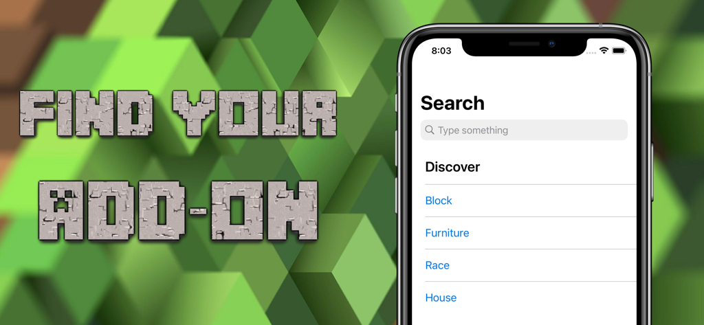 Mobile app search screen showing categories like Block, Furniture, and House for Minecraft PE mods