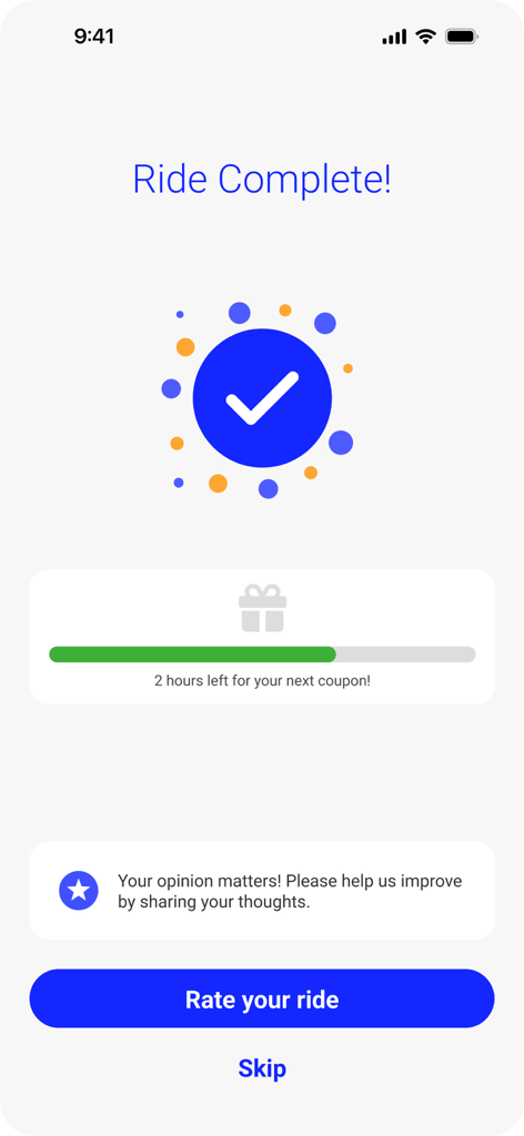 Caroo - A screen from the Caroo app showing a ride complete message with a progress bar for rewards and a button to rate the ride
