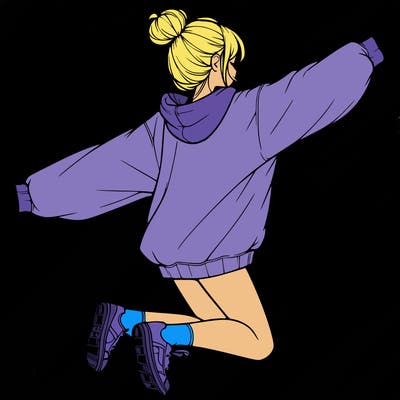 realistic girl jumping with a bun and oversized sweatshirt