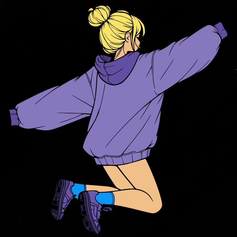 realistic girl jumping with a bun and oversized sweatshirt