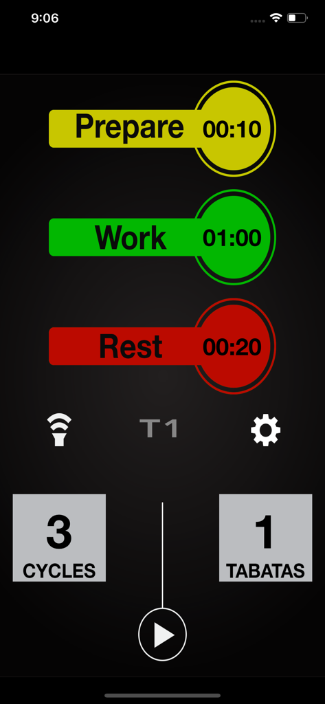 Pantalla de la aplicación Tabata Timer Pro que muestra la configuración de intervalos para trabajo de preparación y descanso