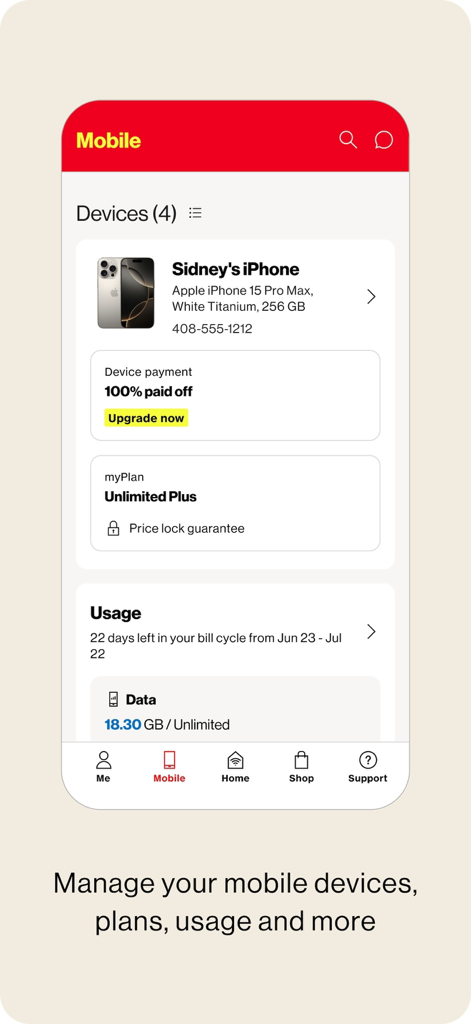 Interface of the My Verizon app showing mobile device management and data usage