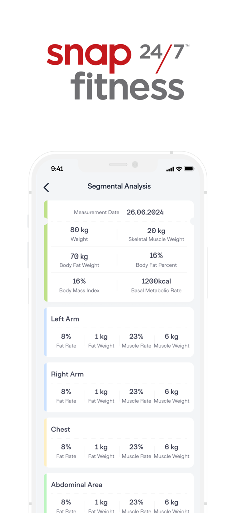 Snap Fitness - Snap Fitness 앱 신체 구성 데이터를 보여주는 신체 분석 화면