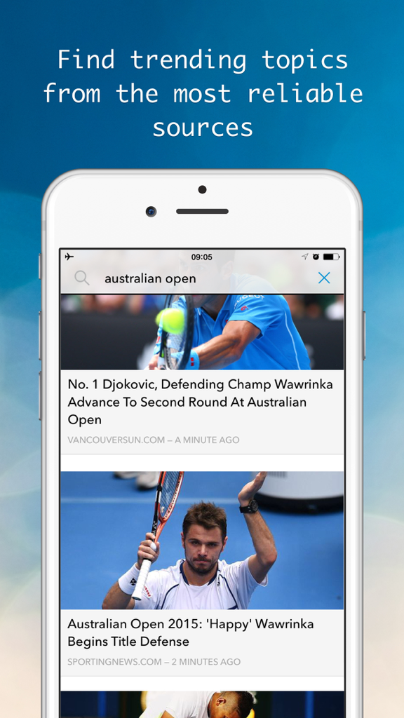 Newsmeter: Latest and Breaking News Feed Reader from Cnn,NY Times,Huffington Post,Buzzfeed&more - Newsmeter app interface showing search results for Australian Open from multiple news sources