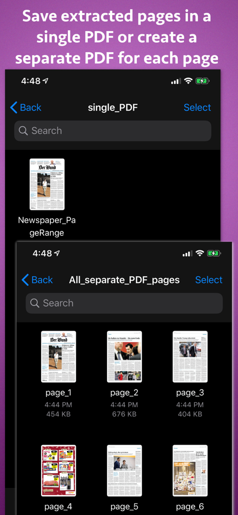 PDF pages Extractor & Splitter - Interfaz que muestra las opciones para guardar las páginas PDF extraídas como un solo documento o archivos separados para cada página