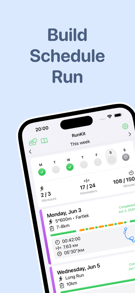 Interfaz de la aplicación RunKit que muestra un horario semanal de carrera y detalles del entrenamiento