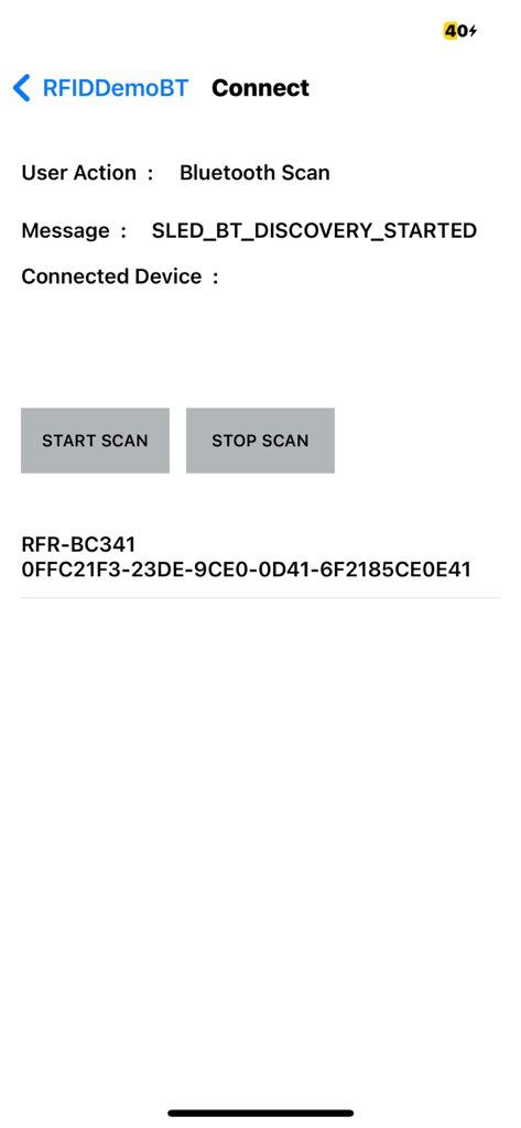 RFR901 APP - Écran de l'application RFR901 pour la numérisation et la connexion d'appareils Bluetooth
