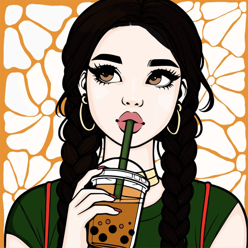 realistic girl with braided hair drinking boba