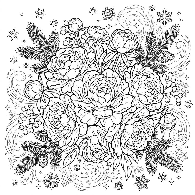 Embrace the unexpected beauty of our Pink Peonies Winter Wonderland coloring page, where delicate blooms meet a frosty embrace. This intricate design offers a calming escape, perfect for all coloring enthusiasts.