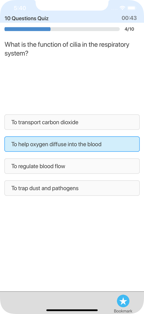 GCSE Biology Quiz Master - Mobile app screen showing a biology quiz question about the respiratory system with multiple choice options.