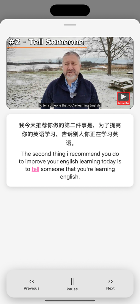 Dual Subtitles for YouTube - Dual Subtitles for YouTube app interface showing a video with English and Chinese bilingual captions.