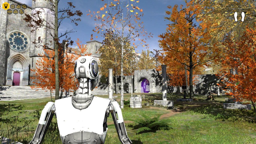 A white android stands in a sunny courtyard with autumn trees and ancient stone architecture in The Talos Principle.