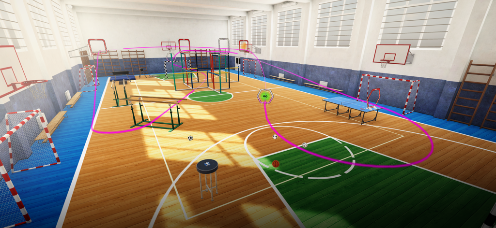 Indoor gymnasium drone racing track with a pink flight path in the FeelFPV TinyWhoop simulator