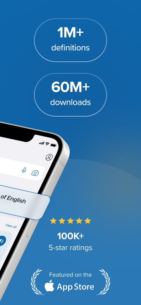 Oxford Dictionary & Thesaurus - Promo screen showing Oxford Dictionary statistics with over 1 million definitions and 60 million downloads