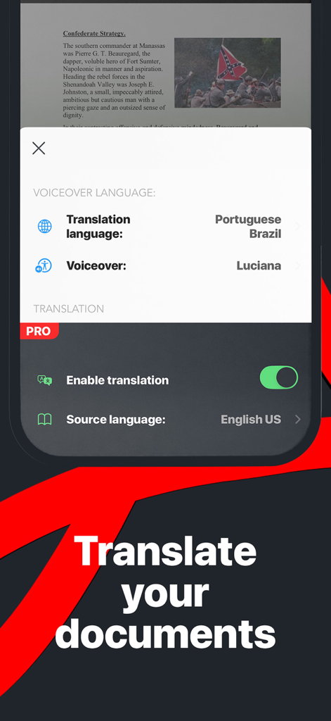 PDF Voice Reader Pro Translate - 英語からポルトガル語へのドキュメント翻訳設定を示すPDFボイスリーダーProのインターフェース