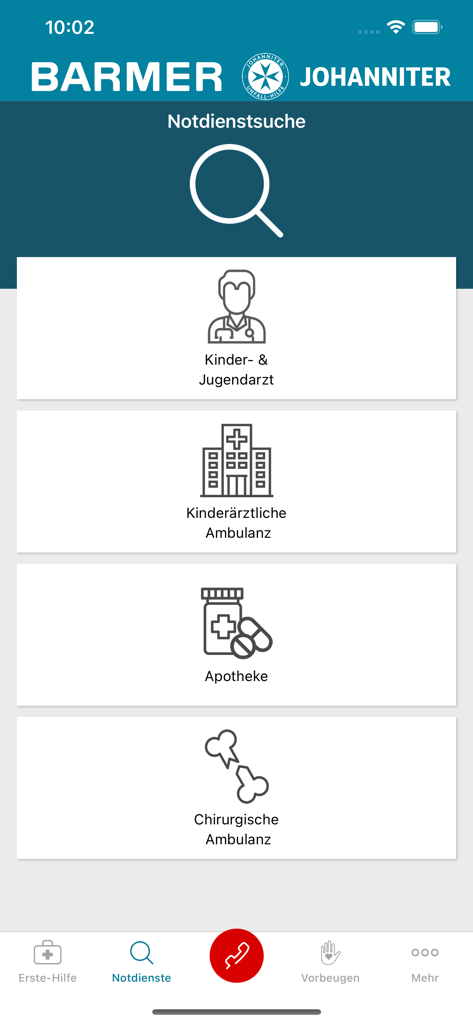 Kindernotfall-App - Captura de tela da tela Notdienstsuche do Kindernotfall-App mostrando ícones para pediatras, clínicas pediátricas, farmácias e serviços de emergência cirúrgica