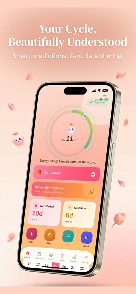 Petal: Cycle & Period Tracker - Petal period tracker app home screen displaying cycle progress and period predictions