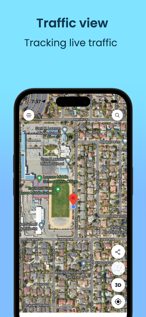 Street View - Panorama 360° - Vue de carte satellite dans l'application montrant le suivi du trafic en direct et les points de repère du quartier