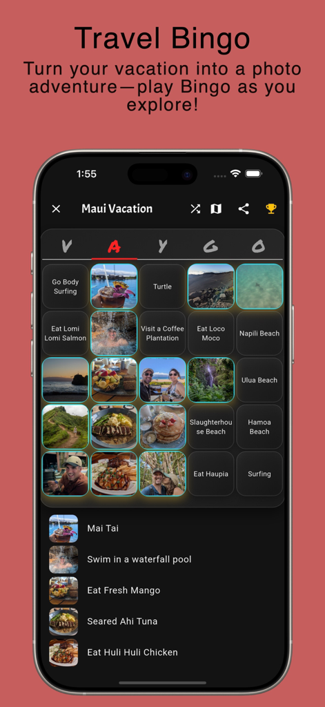 Vaygo Bingo - Travel Game - Vaygo Bingo app screen showing a Maui vacation themed photo scavenger hunt board