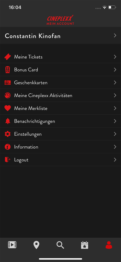 Écran du compte utilisateur de l'application Cineplexx AT montrant les options pour les billets, les cartes de fidélité et les paramètres