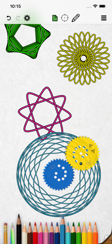 Überdoodle - Interfaz de Uberdoodle que muestra coloridos patrones geométricos de espirógrafo y herramientas de dibujo