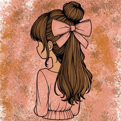 realistic girl  with hip length hair a bun and a big bow on the back of head