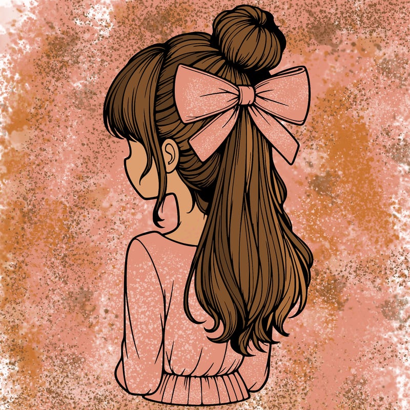 realistic girl  with hip length hair a bun and a big bow on the back of head